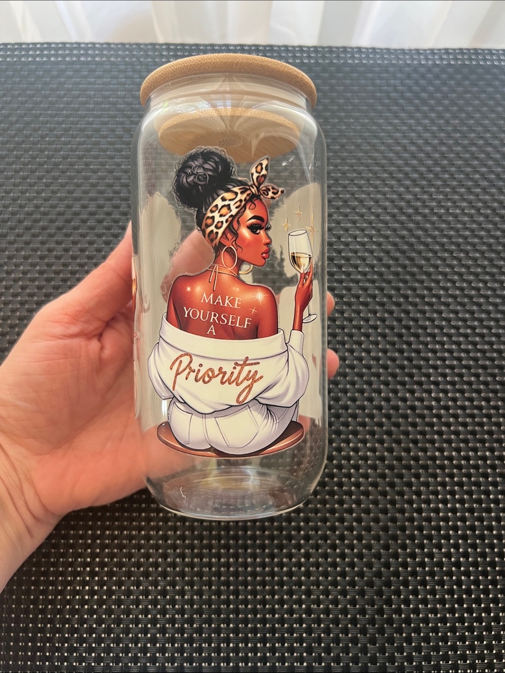 Make Yourself A Priority Glass Body Jar - White & Brown Design